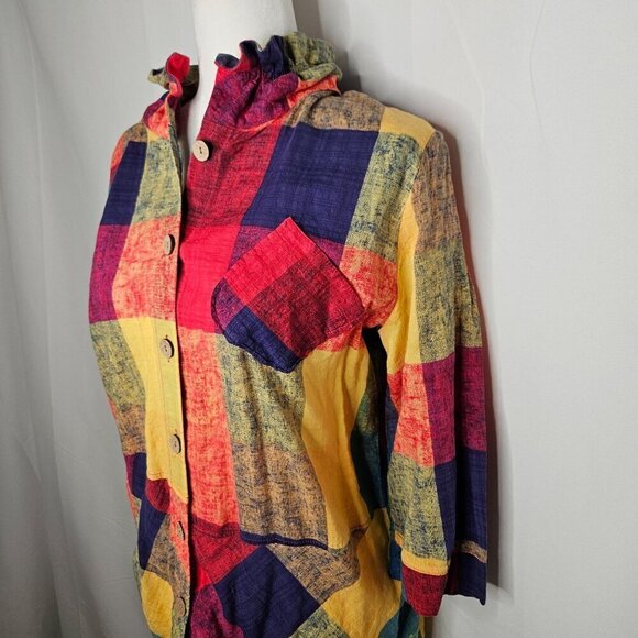 TERRA SJ Apparel Patchwork Multicolor Button Shirt Ruffle Collar Tunic Large - Picture 4 of 13